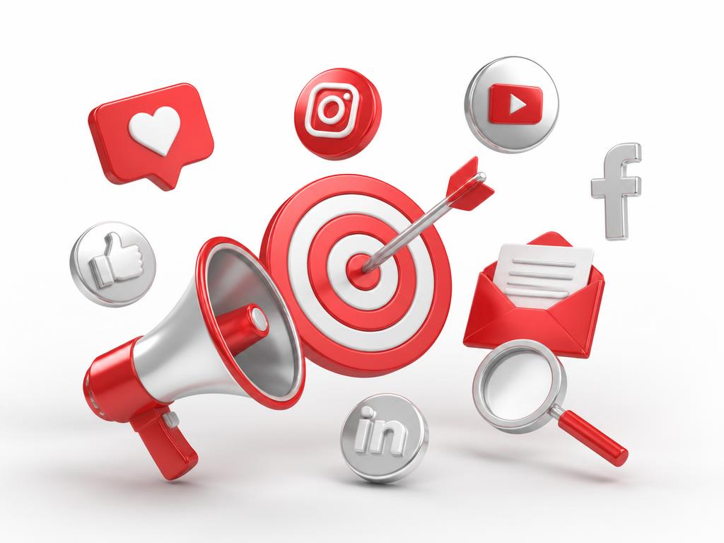 3D social media, targeting and email marketing icons