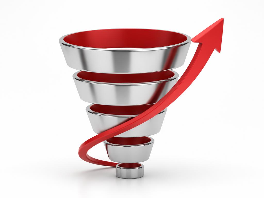 3D marketing conversion funnel with rising growth arrow